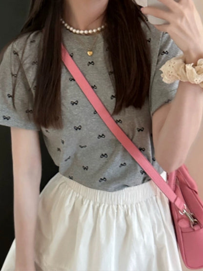 Small bow print gray right shoulder short-sleeved T-shirt for women 2024 new popular summer short style beautiful top