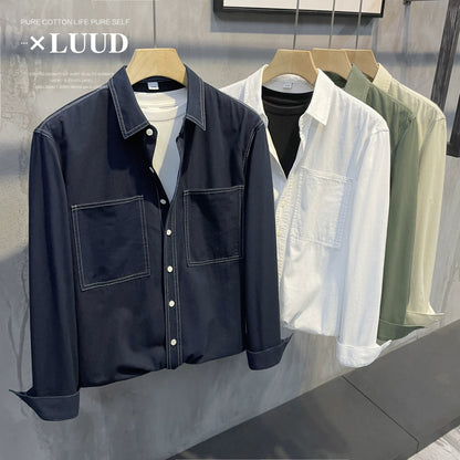 LUUD autumn new style openwork design lapel shirt men's casual slightly wide yarn twill pure cotton long-sleeved top