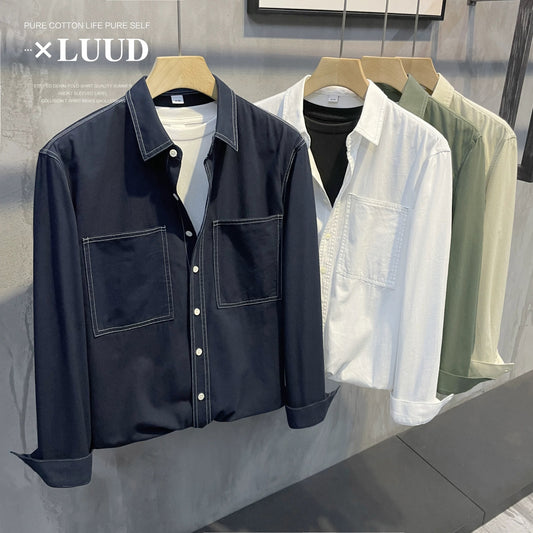LUUD autumn new style openwork design lapel shirt men's casual slightly wide yarn twill pure cotton long-sleeved top