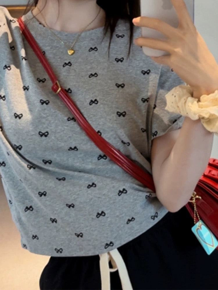 Small bow print gray right shoulder short-sleeved T-shirt for women 2024 new popular summer short style beautiful top