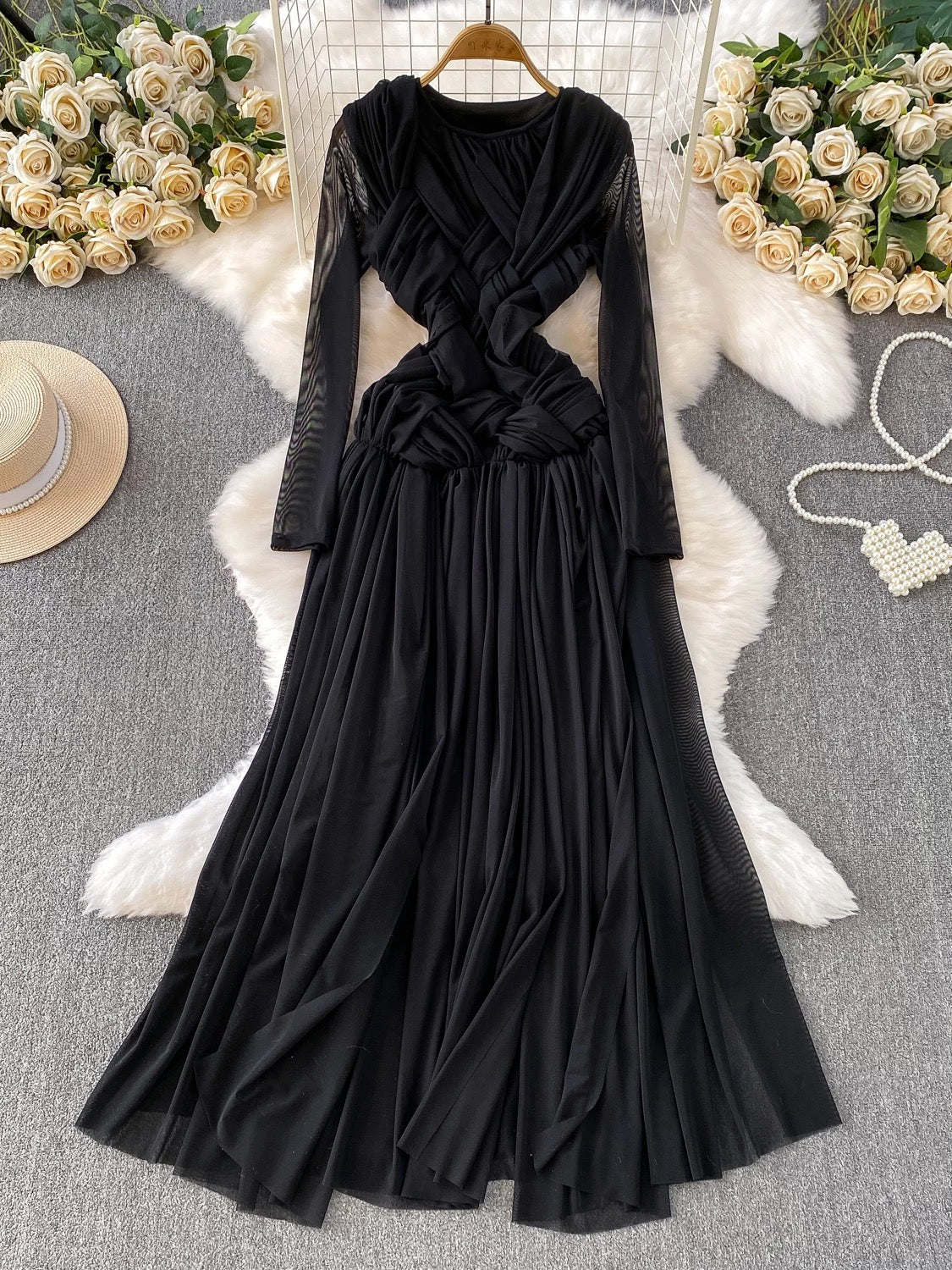 Trendy and chic European and American style knotted mesh round neck dress for women, autumn, slimming, elegant long skirt