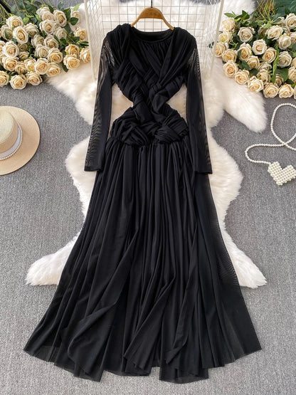 Trendy and chic European and American style knotted mesh round neck dress for women, autumn, slimming, elegant long skirt