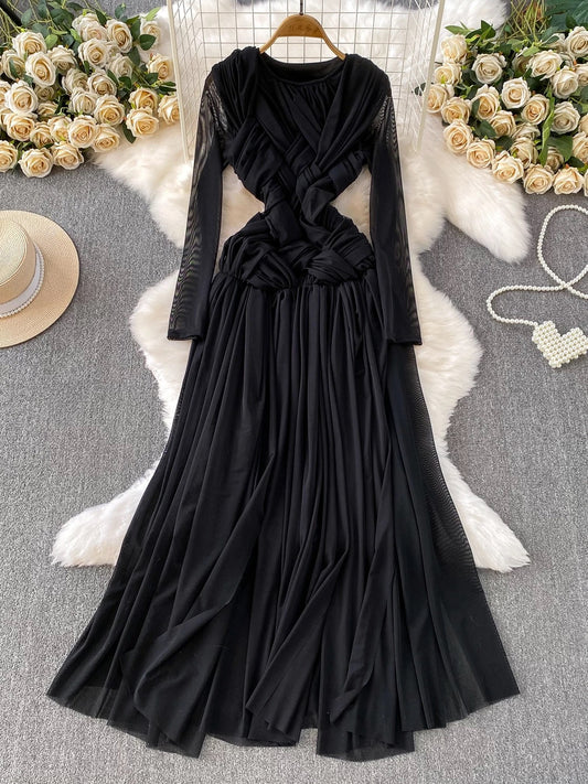 Trendy and chic European and American style knotted mesh round neck dress for women, autumn, slimming, elegant long skirt