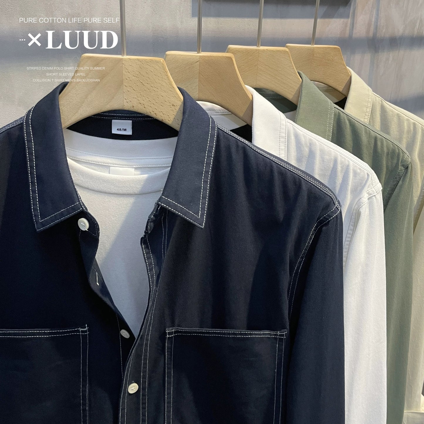 LUUD autumn new style openwork design lapel shirt men's casual slightly wide yarn twill pure cotton long-sleeved top