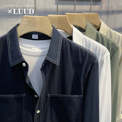 LUUD autumn new style openwork design lapel shirt men's casual slightly wide yarn twill pure cotton long-sleeved top