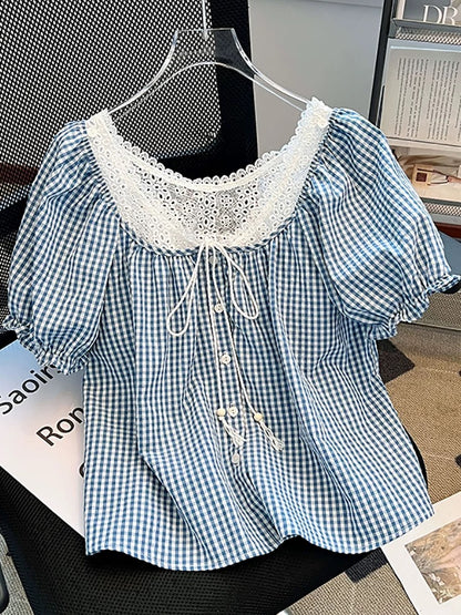 Brand discount lace plaid fake two-piece beautiful small shirt female summer new loose puff sleeve top design