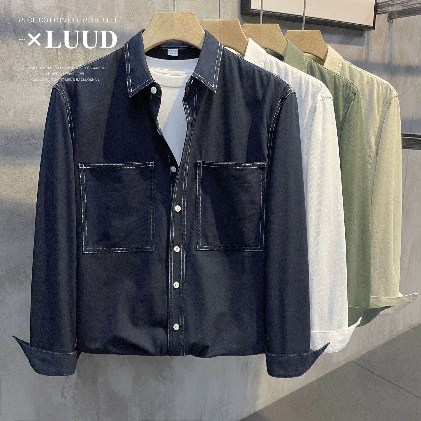 LUUD autumn new style openwork design lapel shirt men's casual slightly wide yarn twill pure cotton long-sleeved top