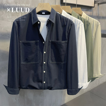 LUUD autumn new style openwork design lapel shirt men's casual slightly wide yarn twill pure cotton long-sleeved top