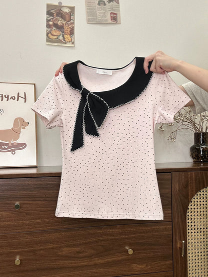 Creamy Universe - All-over Polka Dot Tie-up Peter Pan Collar Short Sleeve T-Shirt for Women, Sweet and Slim Fit Top