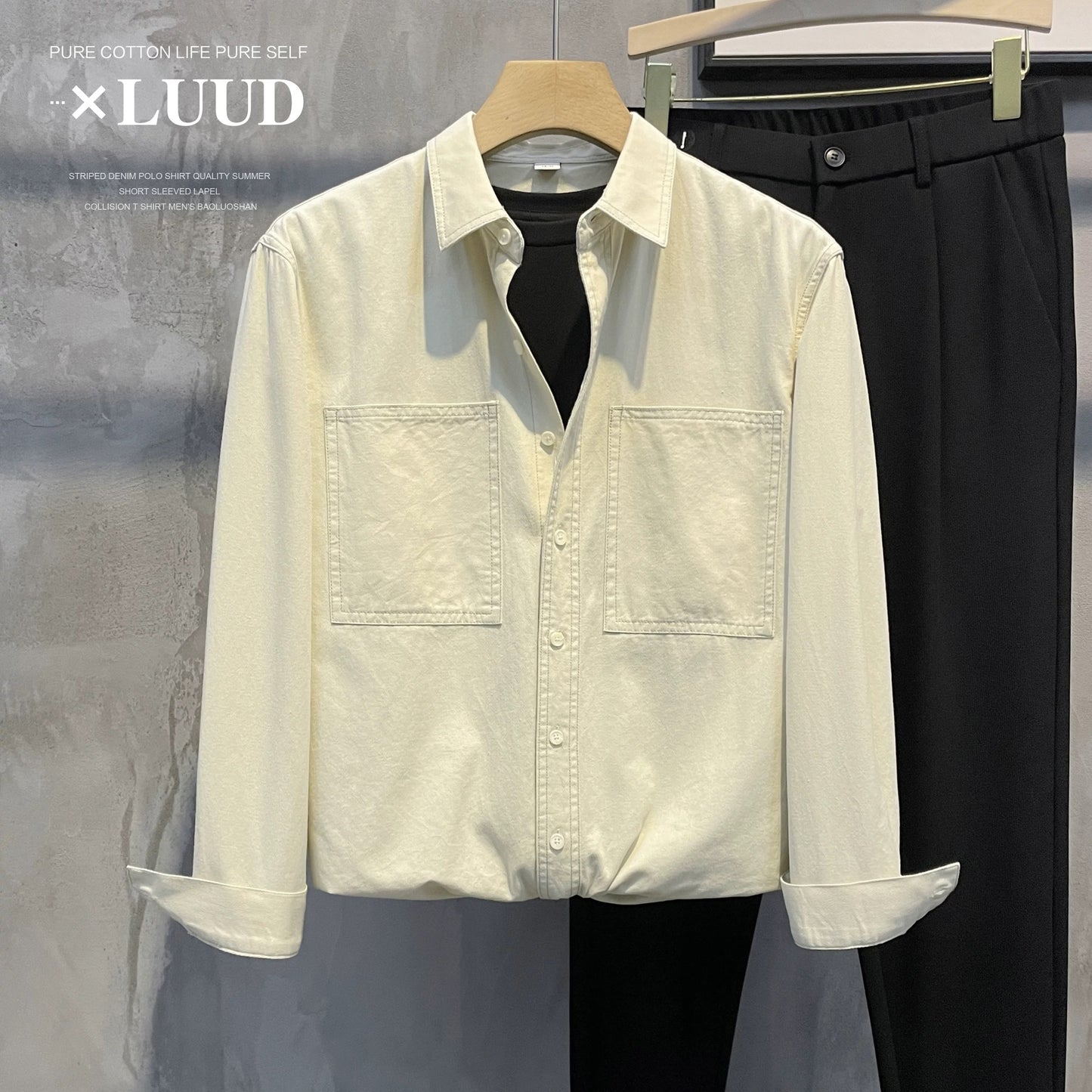 LUUD autumn new style openwork design lapel shirt men's casual slightly wide yarn twill pure cotton long-sleeved top
