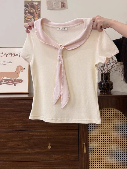 Creamy Universe - Color-blocked sailor collar short-sleeved T-shirt for women, sweet and preppy style, slim fit, summer cropped top.