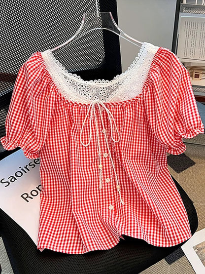 Brand discount lace plaid fake two-piece beautiful small shirt female summer new loose puff sleeve top design