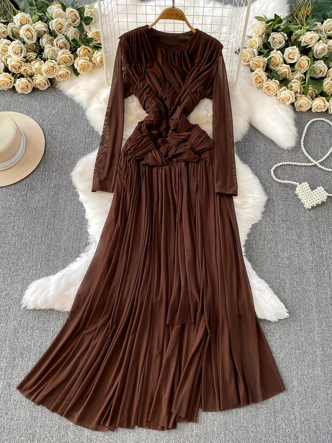 Trendy and chic European and American style knotted mesh round neck dress for women, autumn, slimming, elegant long skirt