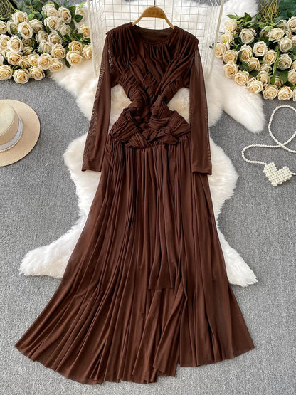 Trendy and chic European and American style knotted mesh round neck dress for women, autumn, slimming, elegant long skirt