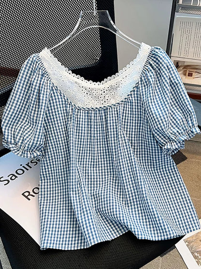Brand discount lace plaid fake two-piece beautiful small shirt female summer new loose puff sleeve top design