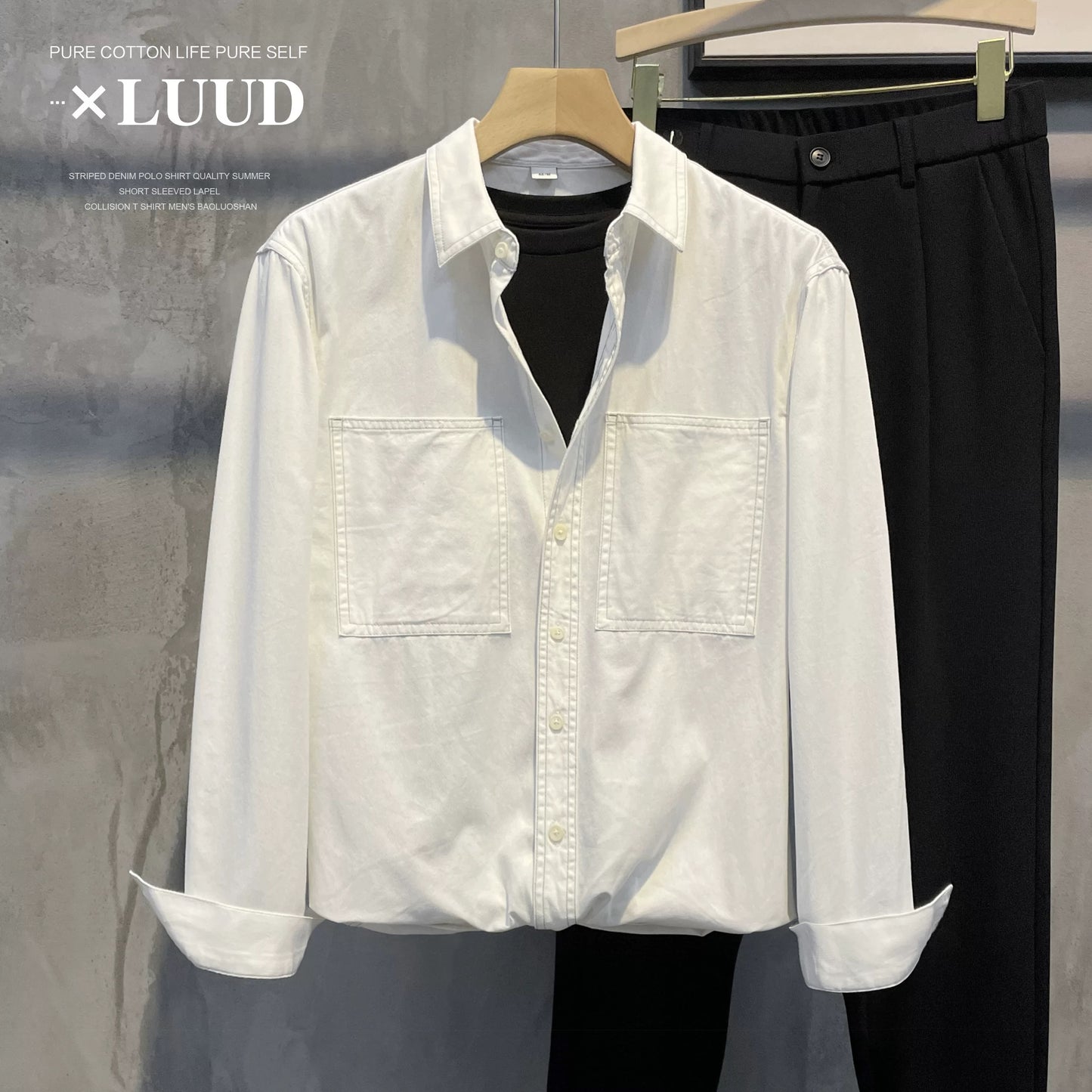 LUUD autumn new style openwork design lapel shirt men's casual slightly wide yarn twill pure cotton long-sleeved top