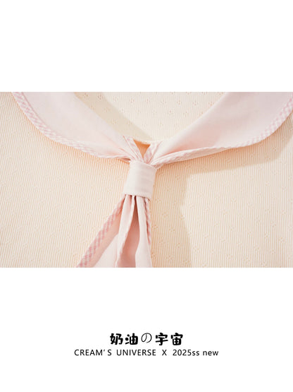 Creamy Universe - Color-blocked sailor collar short-sleeved T-shirt for women, sweet and preppy style, slim fit, summer cropped top.