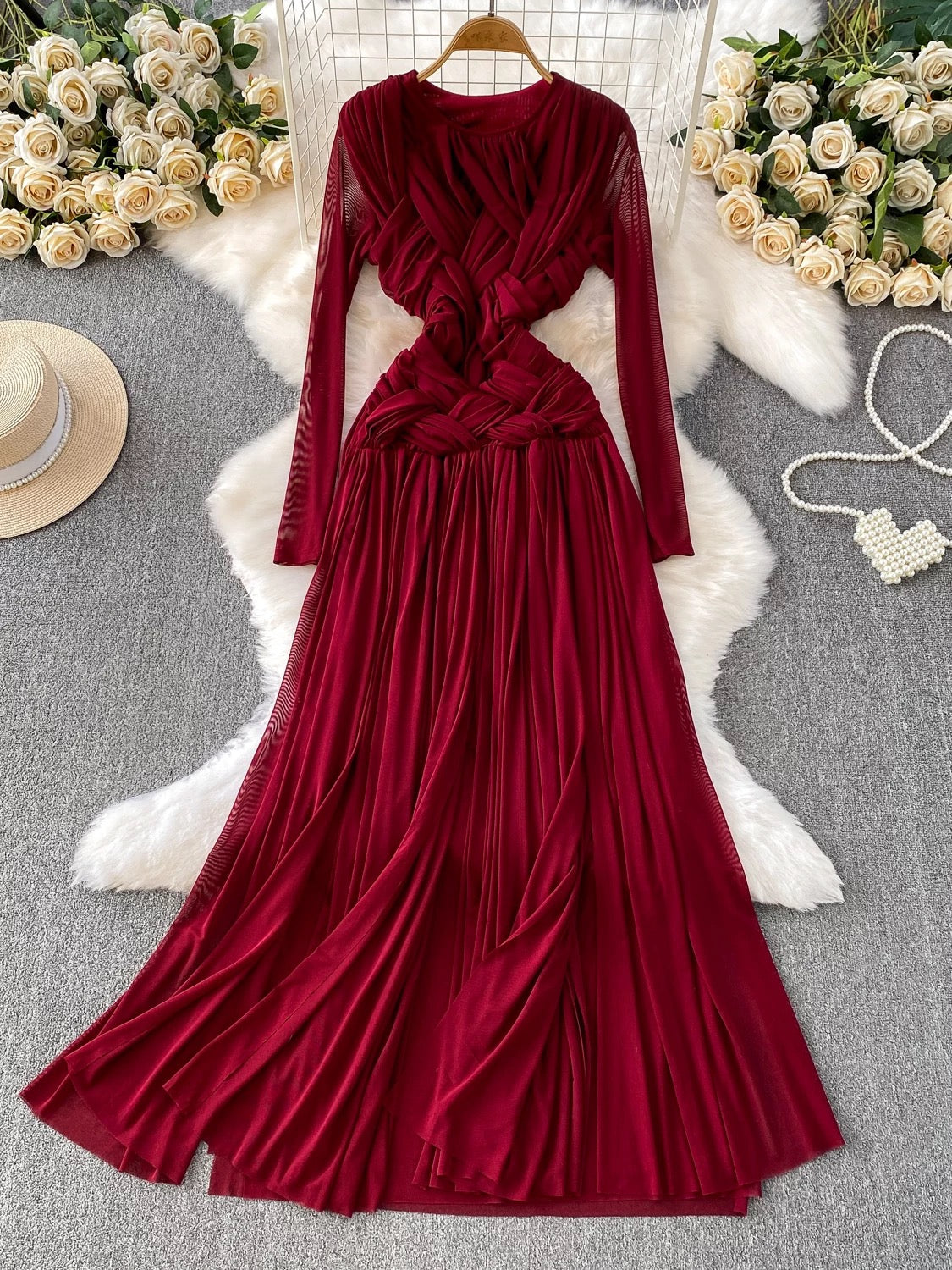 Trendy and chic European and American style knotted mesh round neck dress for women, autumn, slimming, elegant long skirt