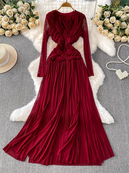 Trendy and chic European and American style knotted mesh round neck dress for women, autumn, slimming, elegant long skirt