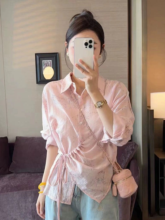 Drawstring irregular design shirt 2024 new women's spring style unique and beautiful shirt unique and beautiful top
