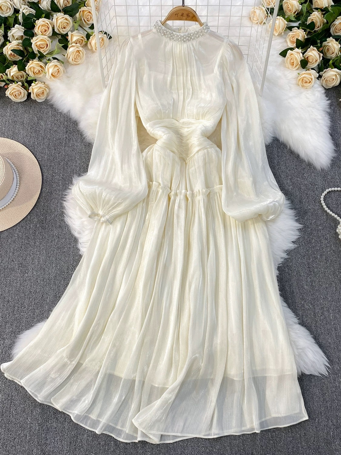 Korean style lantern-sleeved beaded stand-up collar waist-cinching A-line glossy dress for beach vacations