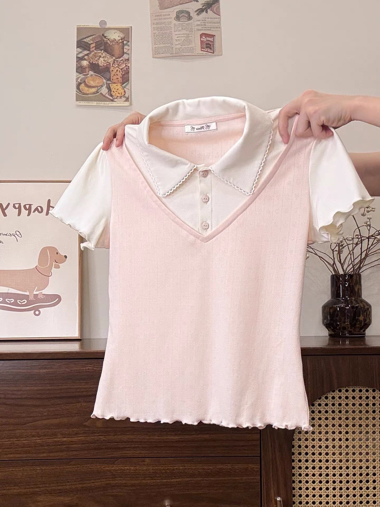 Creamy Universe - Patchwork Faux Two-Piece Polo Collar Short-Sleeve T-Shirt for Women, Sweet Preppy Style Slim Fit Top