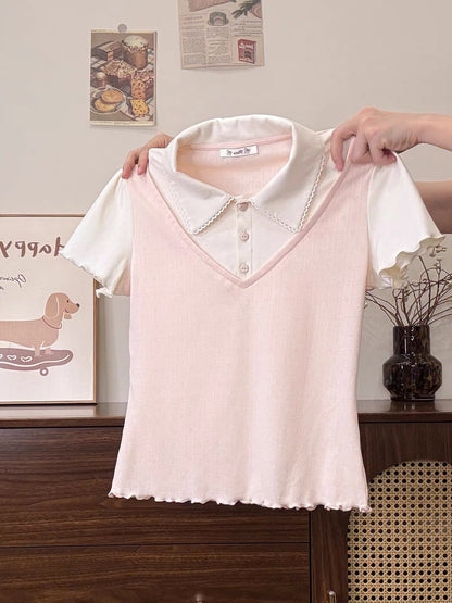 Creamy Universe - Patchwork Faux Two-Piece Polo Collar Short-Sleeve T-Shirt for Women, Sweet Preppy Style Slim Fit Top