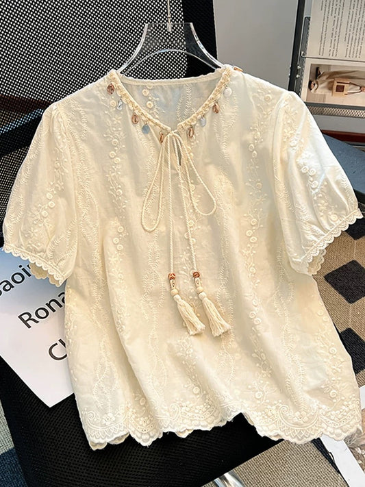 Self-retained model recommendation ~ Shell tassel edge design lace-up short-sleeved blouse for women in summer 2025 French temperament shirt