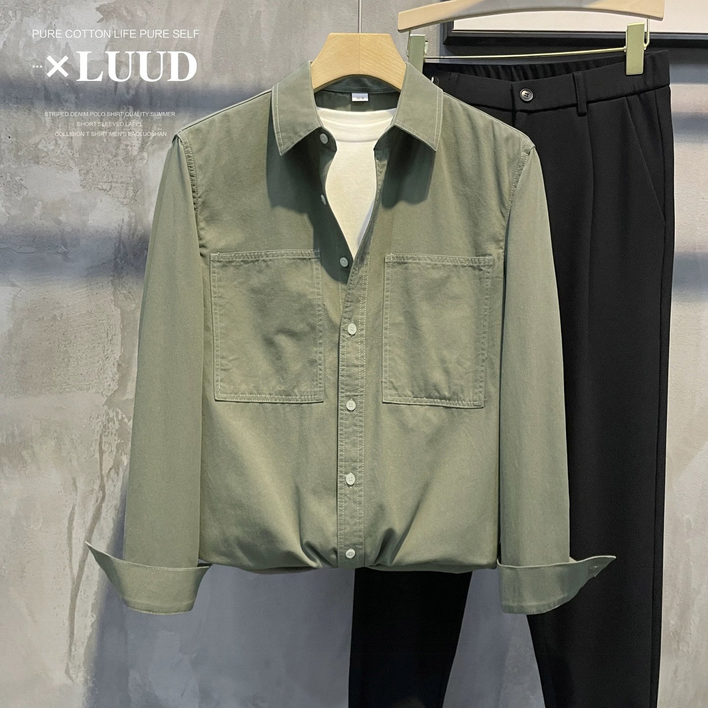 LUUD autumn new style openwork design lapel shirt men's casual slightly wide yarn twill pure cotton long-sleeved top