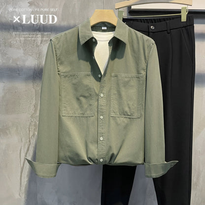 LUUD autumn new style openwork design lapel shirt men's casual slightly wide yarn twill pure cotton long-sleeved top