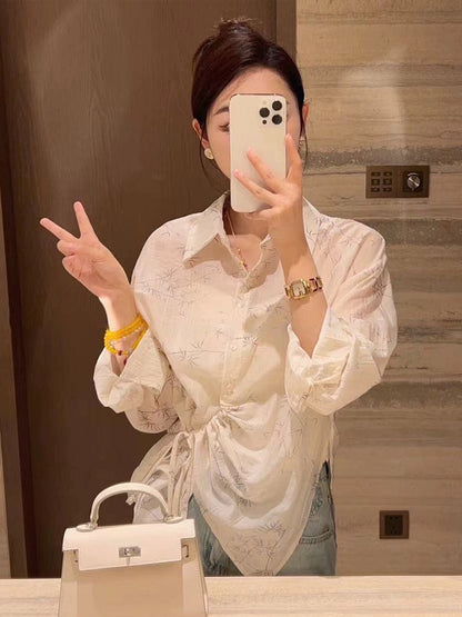 Drawstring irregular design shirt 2024 new women's spring style unique and beautiful shirt unique and beautiful top
