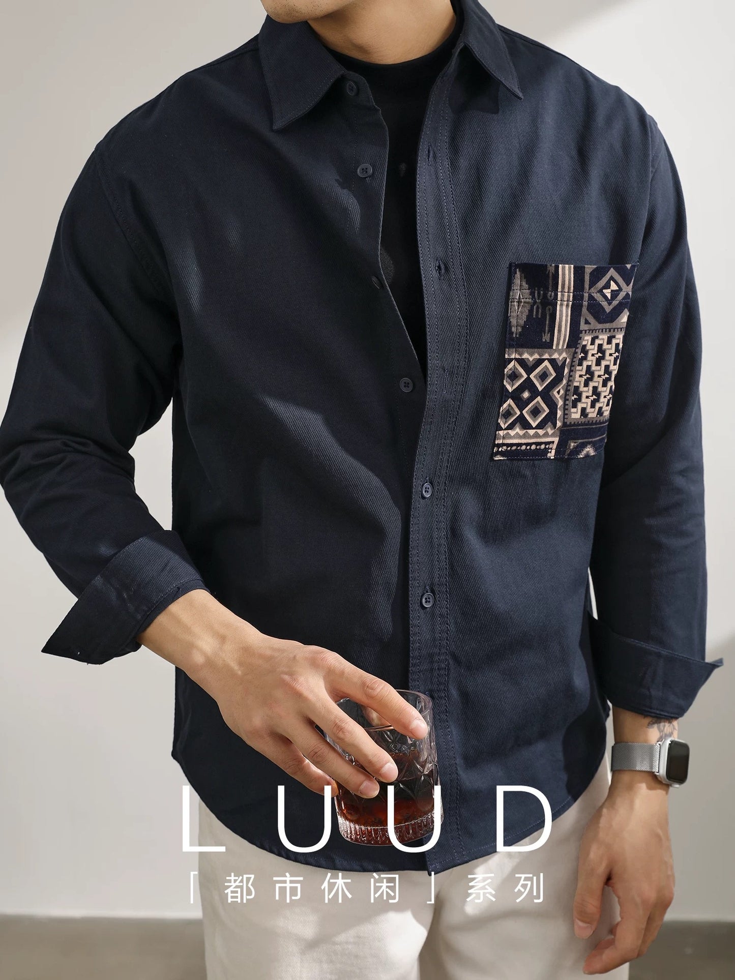 LUUD 220G pure cotton twill stitching ethnic style pocket long-sleeved shirt men's trendy handsome small shirt jacket