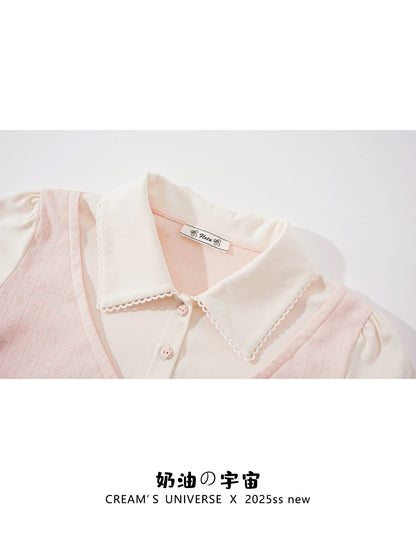 Creamy Universe - Patchwork Faux Two-Piece Polo Collar Short-Sleeve T-Shirt for Women, Sweet Preppy Style Slim Fit Top