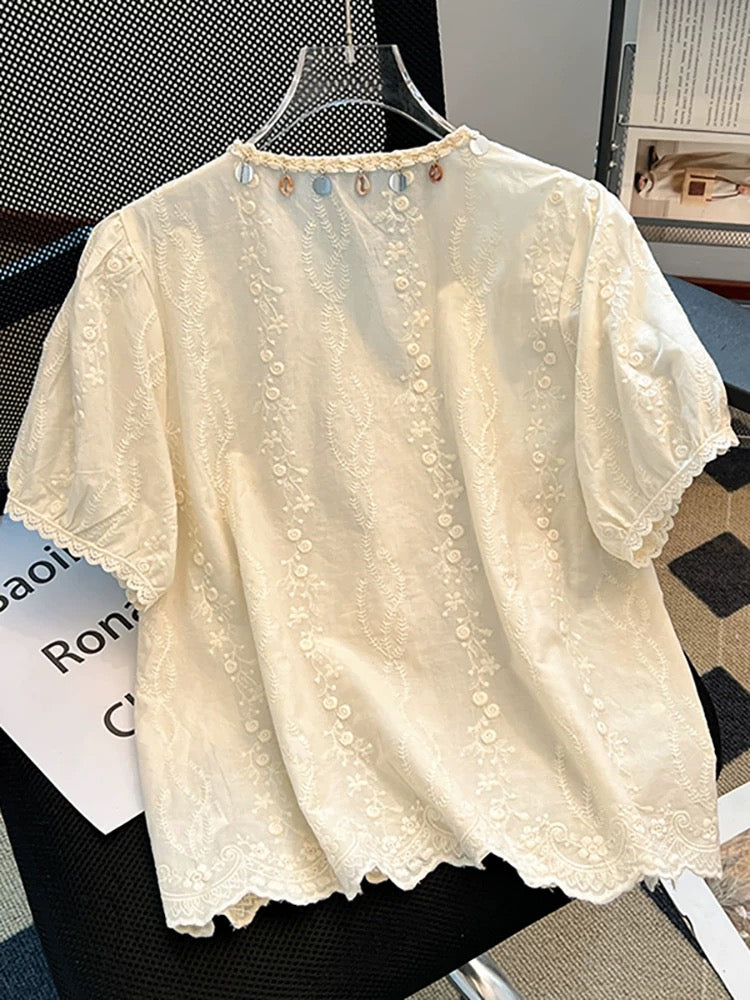 Self-retained model recommendation ~ Shell tassel edge design lace-up short-sleeved blouse for women in summer 2025 French temperament shirt