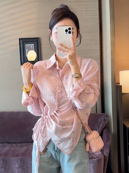 Drawstring irregular design shirt 2024 new women's spring style unique and beautiful shirt unique and beautiful top