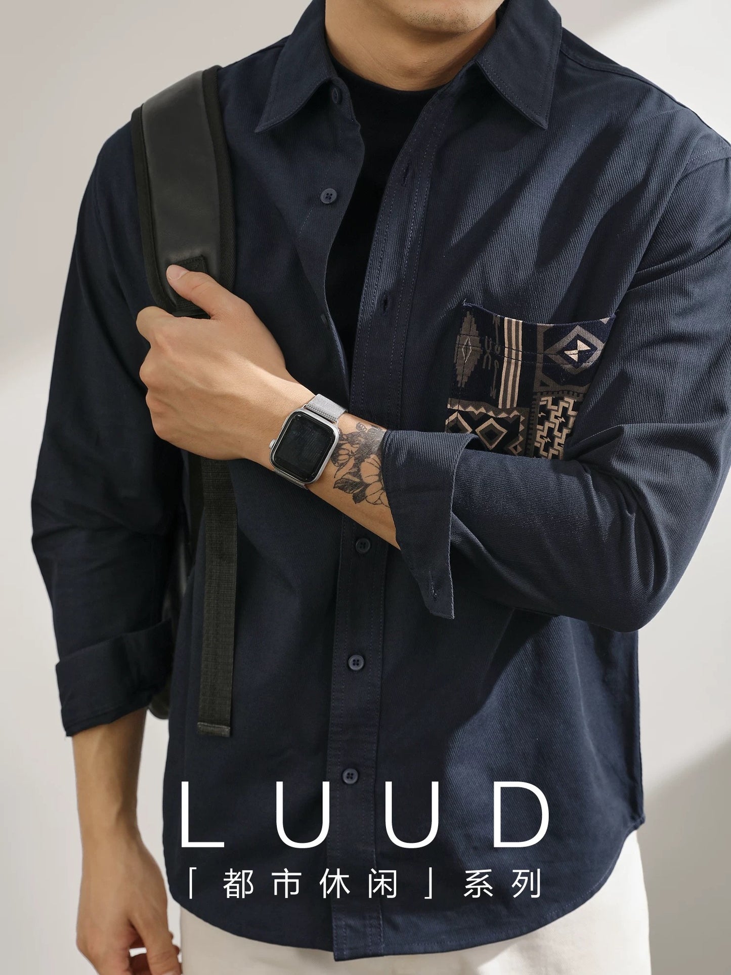 LUUD 220G pure cotton twill stitching ethnic style pocket long-sleeved shirt men's trendy handsome small shirt jacket