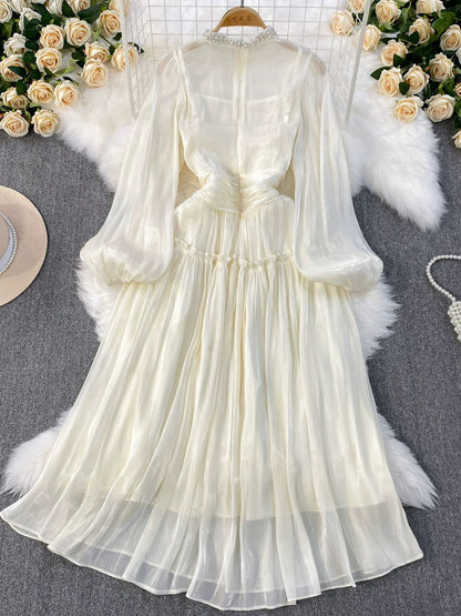 Korean style lantern-sleeved beaded stand-up collar waist-cinching A-line glossy dress for beach vacations