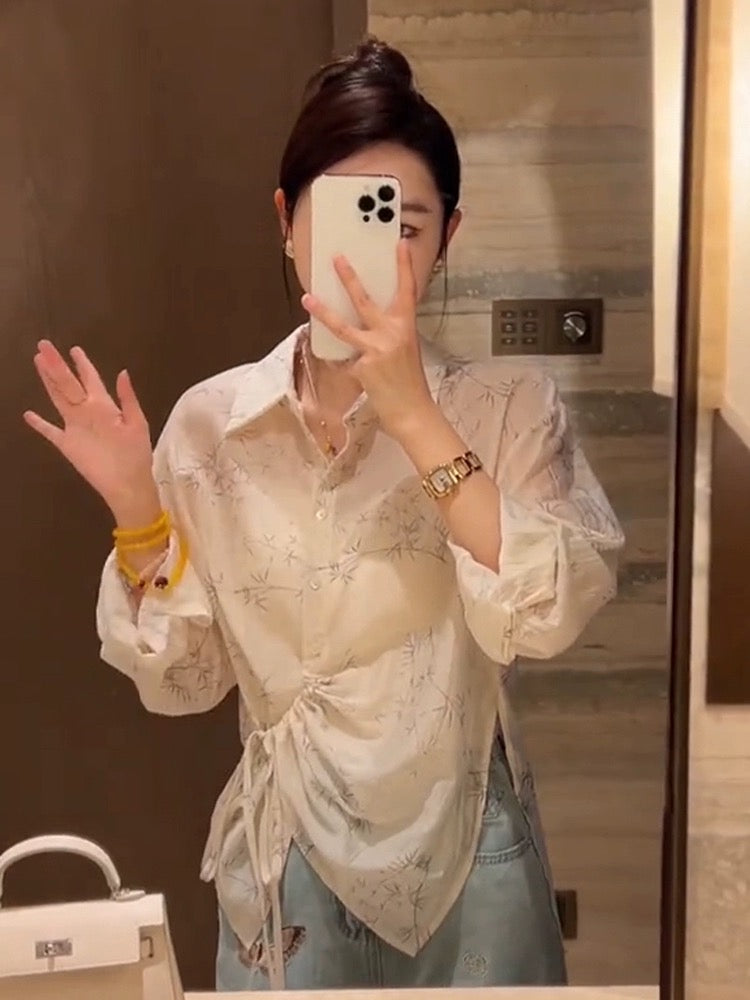 Drawstring irregular design shirt 2024 new women's spring style unique and beautiful shirt unique and beautiful top