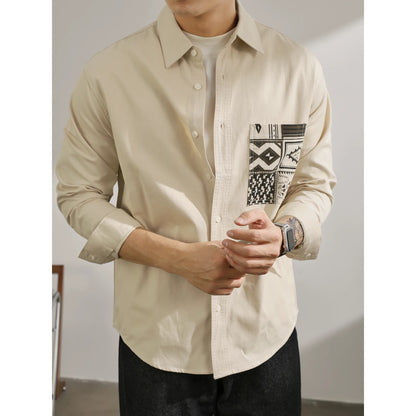 LUUD 220G pure cotton twill stitching ethnic style pocket long-sleeved shirt men's trendy handsome small shirt jacket