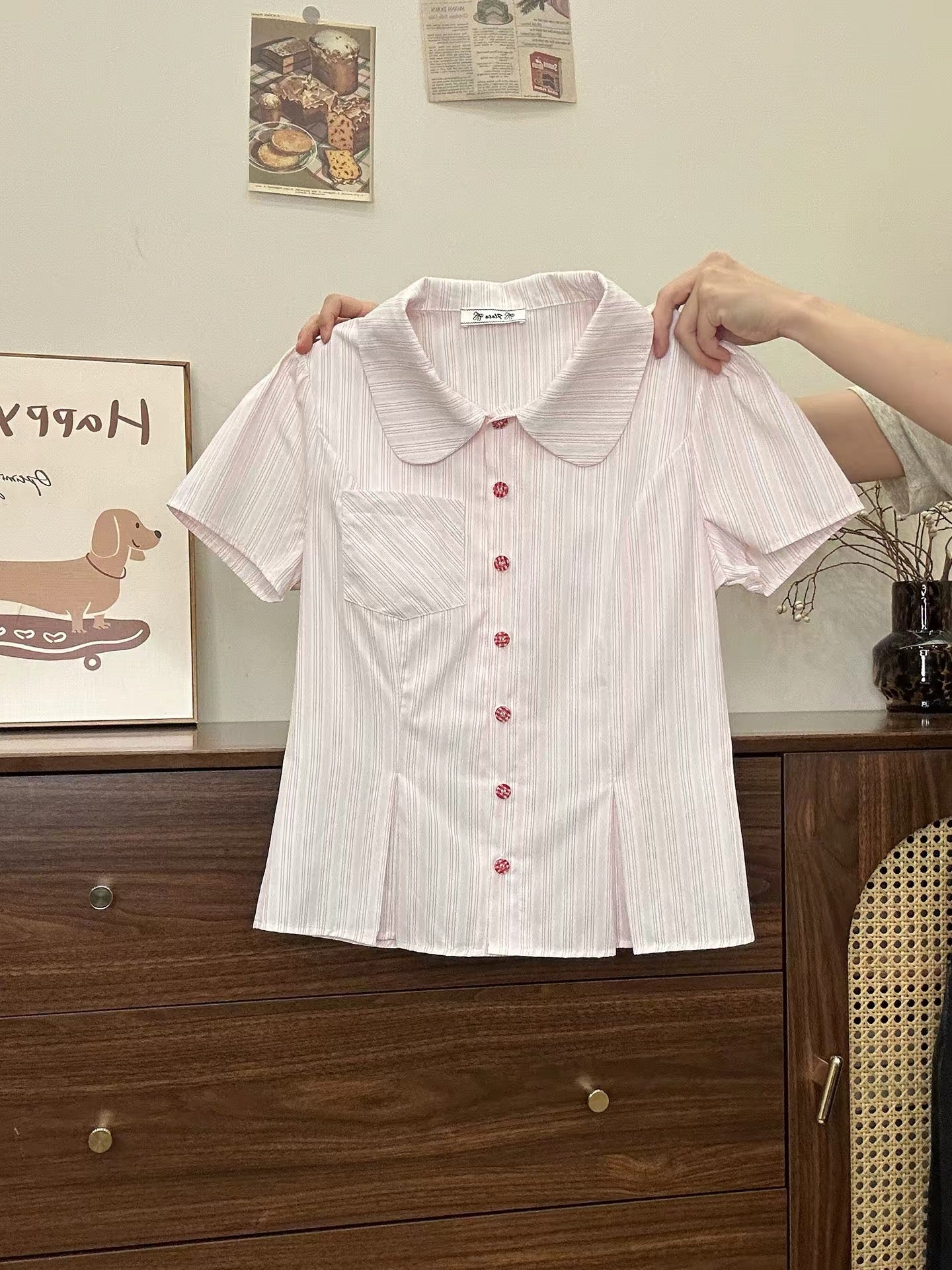 Creamy Universe Pink Striped Polo Collar Shirt Short Sleeve Sweet Petite Slim Fit Short Top New Arrival