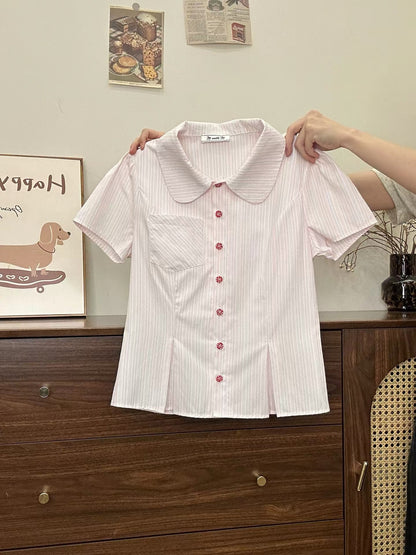 Creamy Universe Pink Striped Polo Collar Shirt Short Sleeve Sweet Petite Slim Fit Short Top New Arrival