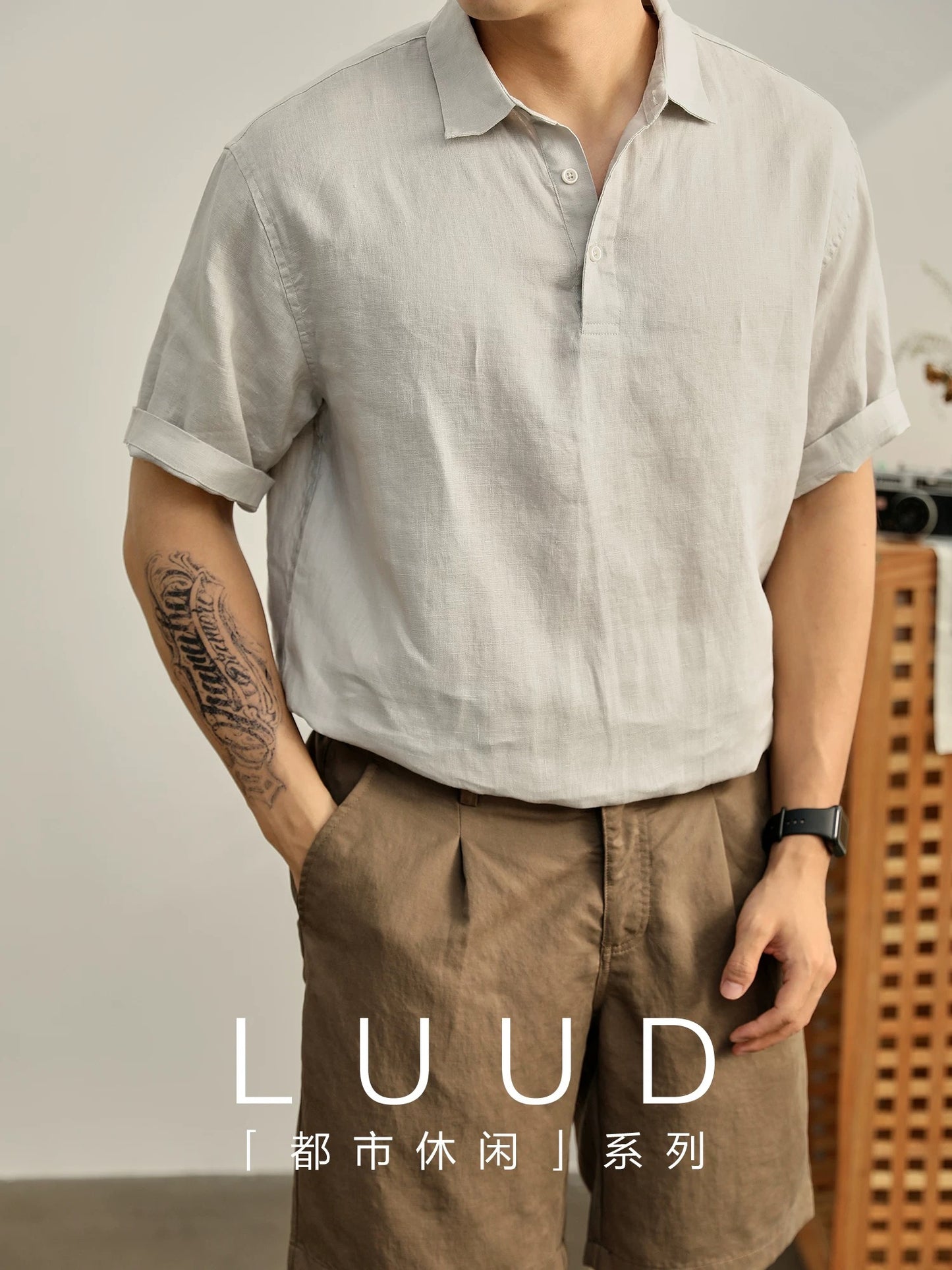 LUUD yuppie old money style pure linen roll-up sleeve lapel short-sleeved T-shirt men's summer slit hem seagull collar POLO shirt