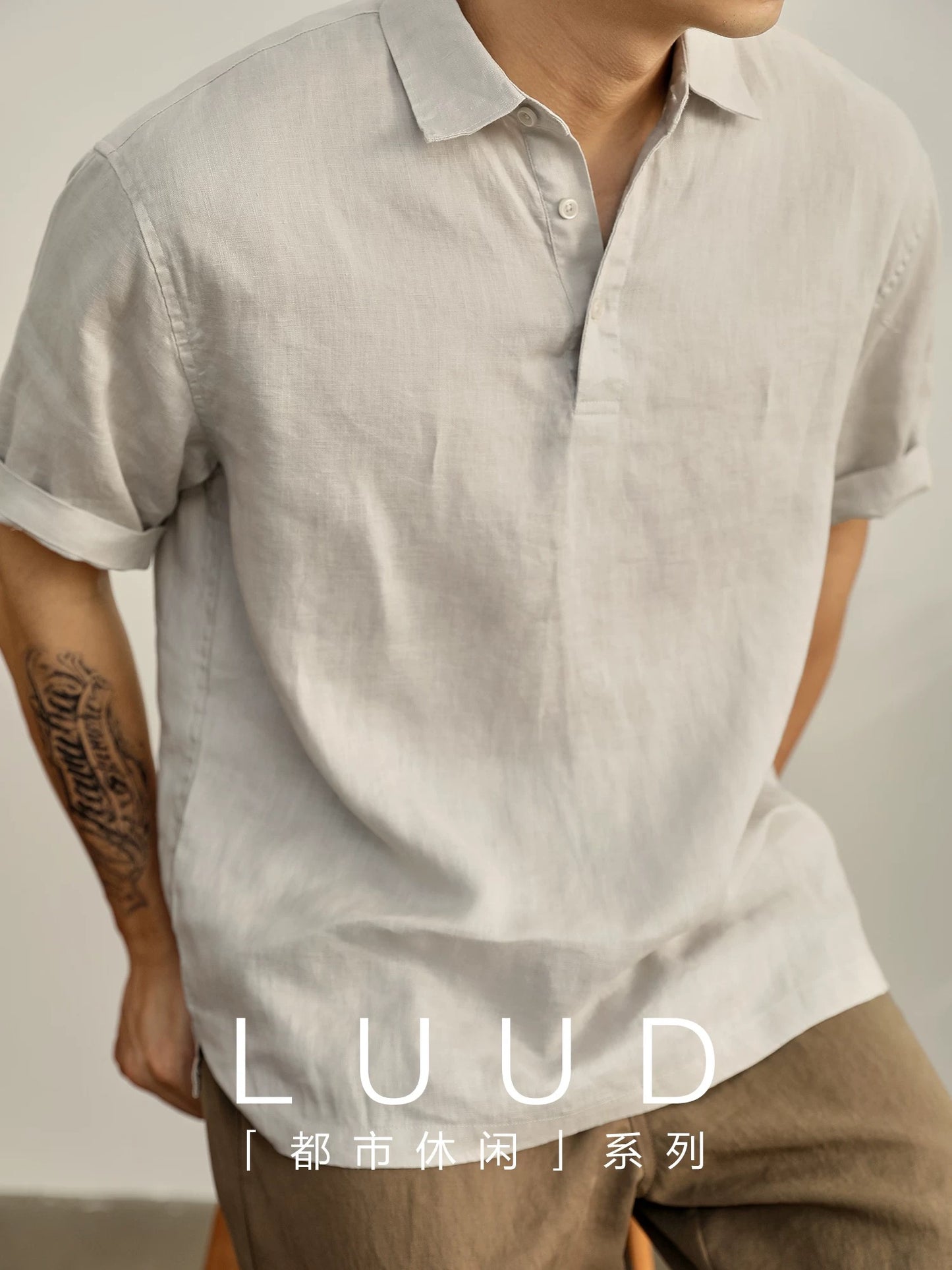 LUUD yuppie old money style pure linen roll-up sleeve lapel short-sleeved T-shirt men's summer slit hem seagull collar POLO shirt