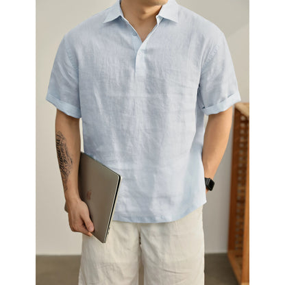 LUUD yuppie old money style pure linen roll-up sleeve lapel short-sleeved T-shirt men's summer slit hem seagull collar POLO shirt