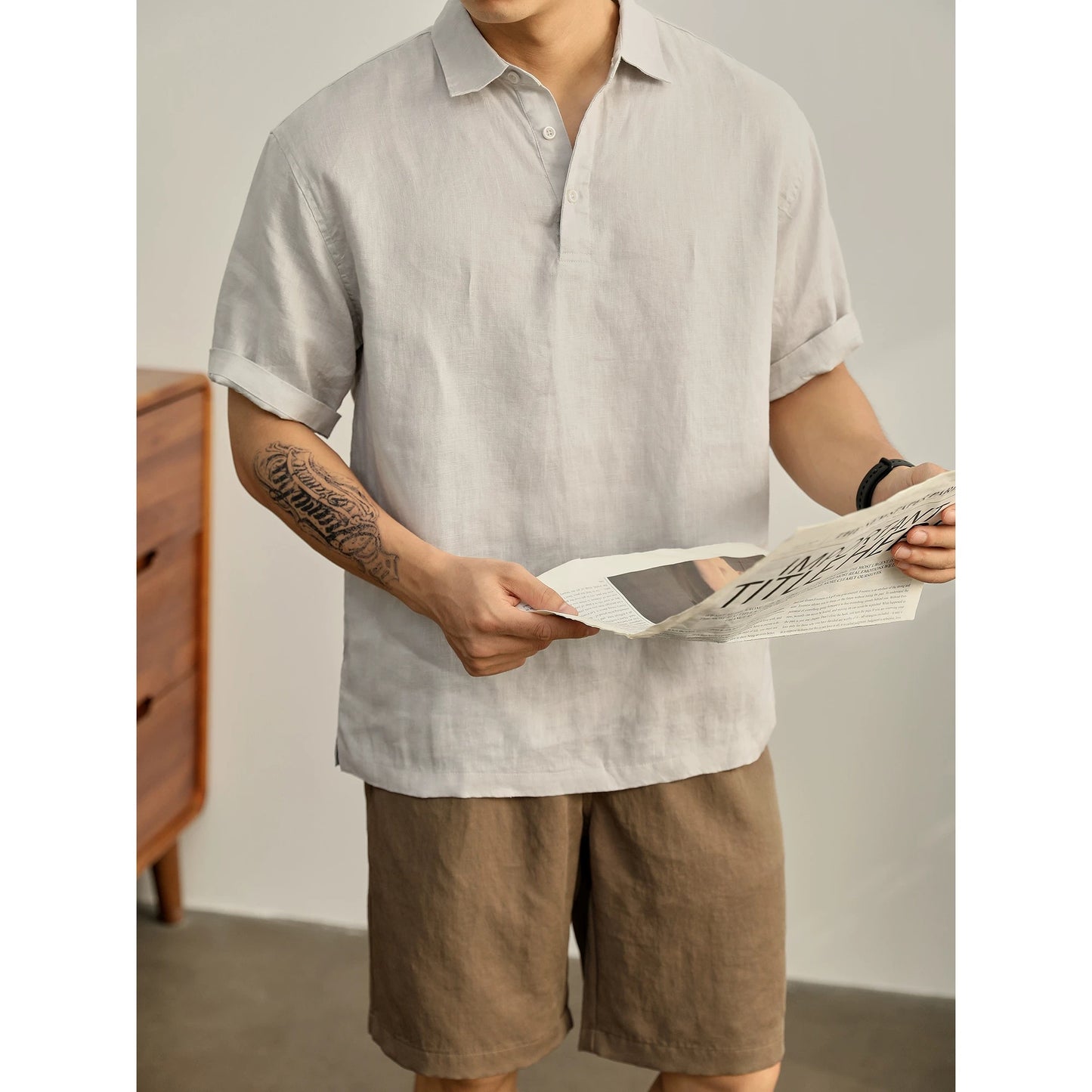 LUUD yuppie old money style pure linen roll-up sleeve lapel short-sleeved T-shirt men's summer slit hem seagull collar POLO shirt