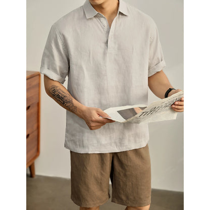 LUUD yuppie old money style pure linen roll-up sleeve lapel short-sleeved T-shirt men's summer slit hem seagull collar POLO shirt