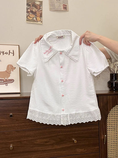 Creamy Universe: Embroidered Lace Polo Collar Short-Sleeve French Sweet White Cropped Top