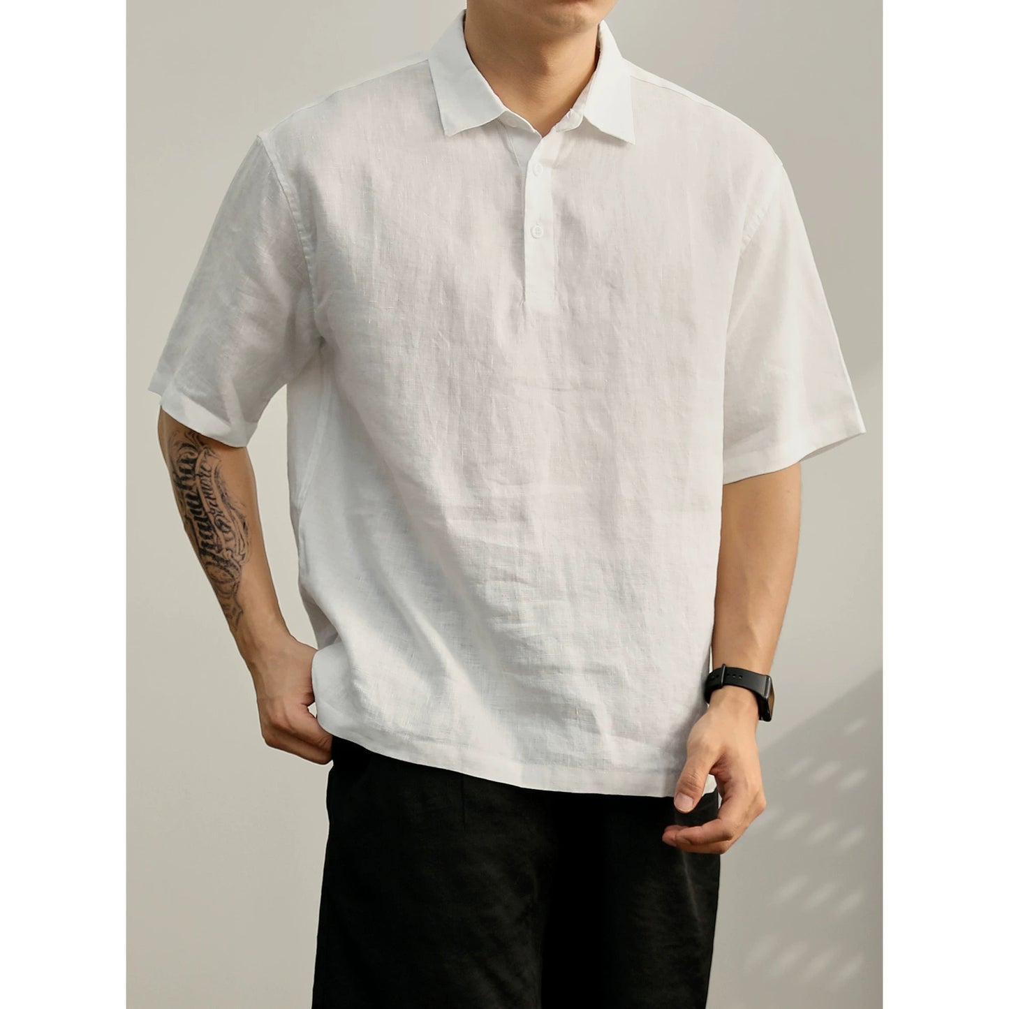 LUUD yuppie old money style pure linen roll-up sleeve lapel short-sleeved T-shirt men's summer slit hem seagull collar POLO shirt