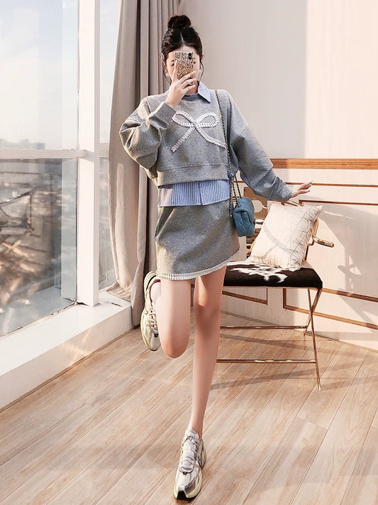 Age-reducing, beautiful, stylish suit skirt, women's 2024 new autumn and winter wear, sweatshirt, short skirt, three-piece college style suit