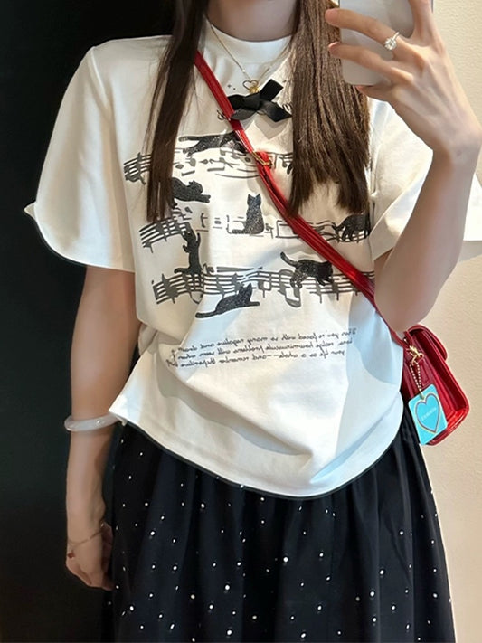 White right shoulder short-sleeved T-shirt for women 2024 new hot style summer super good-looking musical note cat fun printed top